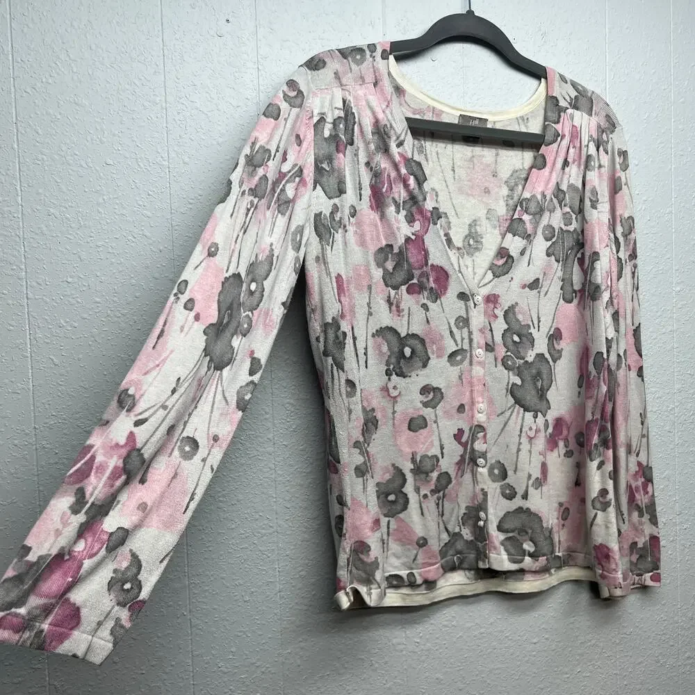 J.Jill Silk Cotton Cashmere Floral Cardigan Sweater Womens Medium Quiet Luxury